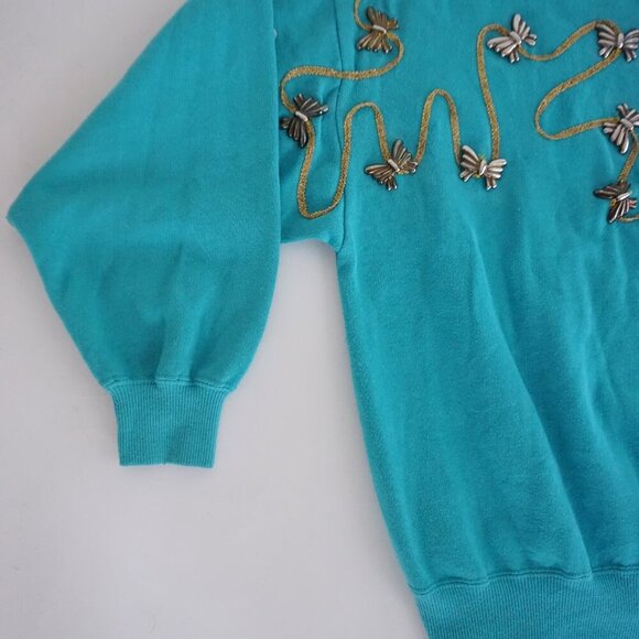 Vintage Cervelle Embellished Turquoise Knit Sweater Bead Butterfly L Whimsygoth - Picture 7 of 11